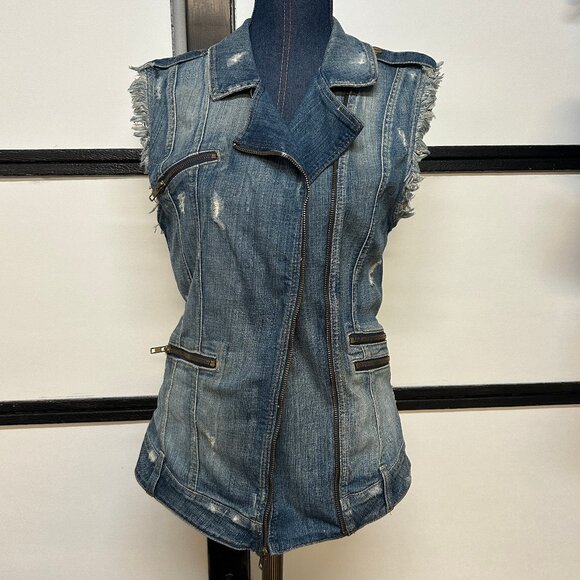 Women's Guess Distressed Denim Zipper Vest w/Pockets, Size Small - Picture 2 of 5